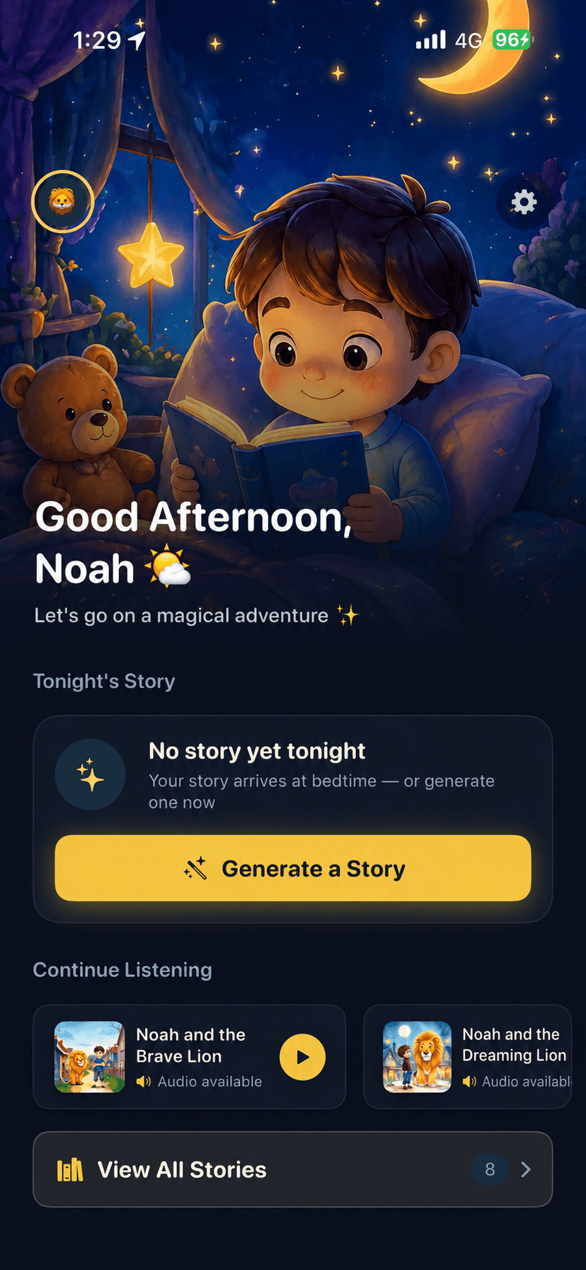 Dreamily app home screen showing a personalised bedtime story called 'Noah and the Dragon of the Golden Mountain'